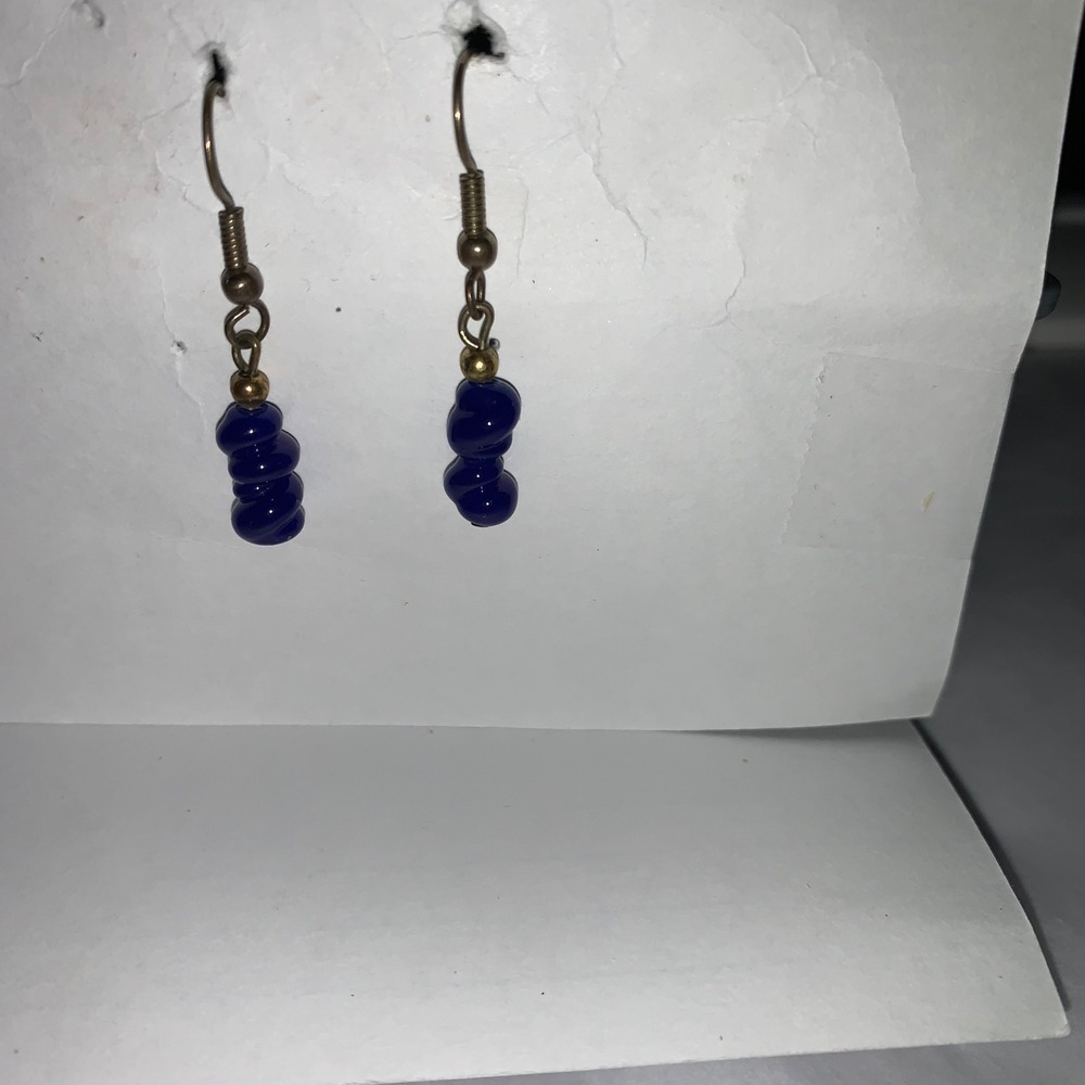 Unbranded Cobalt Blue Twisted Glass Bead Drop Earrings Antique Brass French Hook